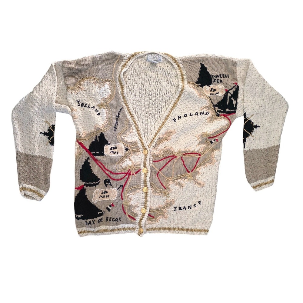 Vintage Casual Corner Maps Expedition Novelty Cardigan Beige Ramie Cotton‎ L
